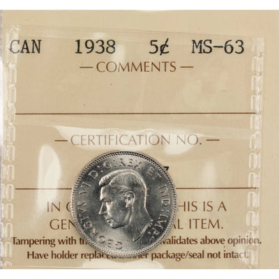 SOLD Canada 1938 5 Cents Nickel Coin - ICCS MS-63