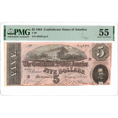 United States 1864 $5 Confederate States Note T-69 - PMG AU-55