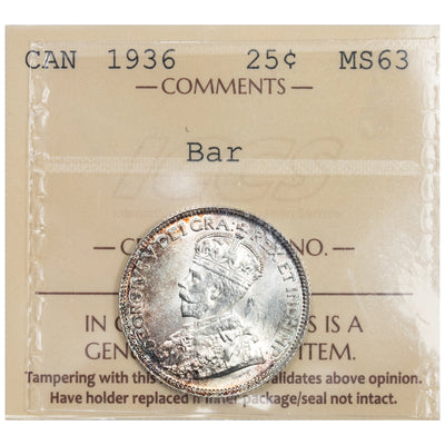 SOLD Canada 1936 Bar 25 Cents Quarter Silver Coin - ICCS MS-63