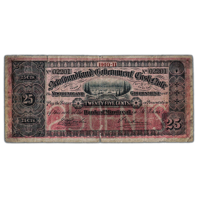 SOLD 25 Cents 1910-11 Newfoundland Government Cash Note NF-7a - Tear