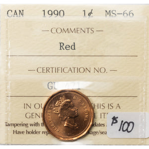 SOLD Canada 1990 1 Small Cent Coin - ICCS MS-66 Red