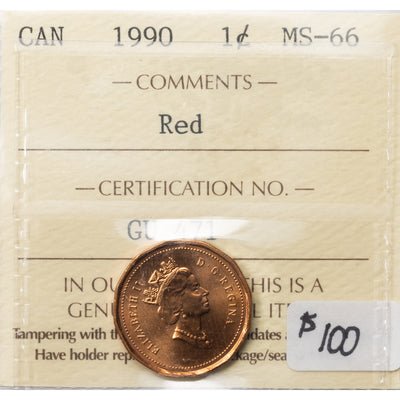SOLD Canada 1990 1 Small Cent Coin - ICCS MS-66 Red