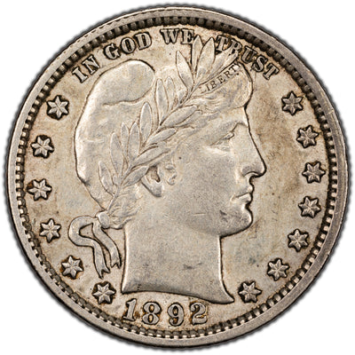 Untied States 1892 25 Cents Barber Quarter Silver Coin - EF