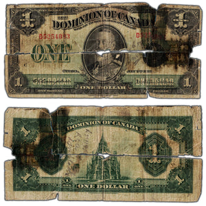 SOLD $1 1923 Dominion of Canada Note Black Seal Series D DC-25n - Heavily Damaged Filler