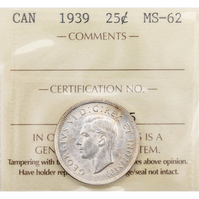 SOLD Canada 1939 25 Cents Quarter Silver Coin - MS-62