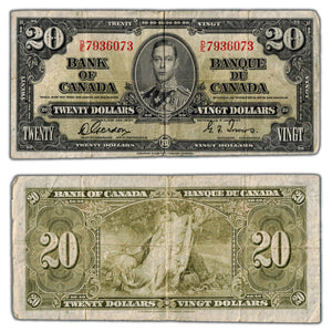 SOLD $20 1937 Bank of Canada Note Gordon-Towers D/E Prefix BC-25b - Circulated