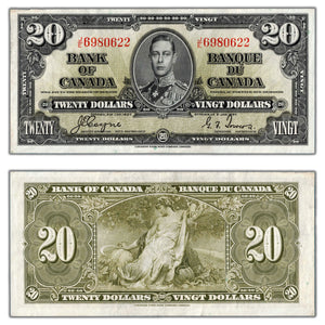 SOLD $20 1937 Bank of Canada Note Coyne-Towers J/E Prefix BC-25c - EF