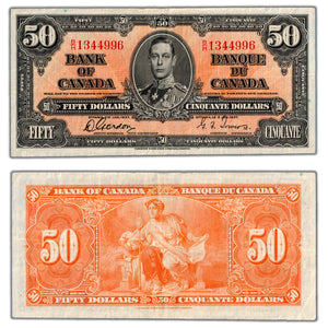 SOLD $50 1937 Bank of Canada Note Gordon-Towers B/H Prefix BC-26b - VF