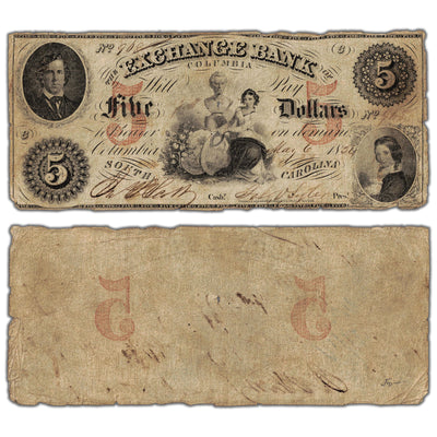 United States 1854 Exchange Bank of Columbia $5 Five Dollars Obsolete Note - Holes