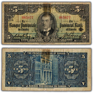 SOLD $5 1936 Banque Provinciale Canada Chartered Note CH #615-18-02 - Tear/Tape Residue