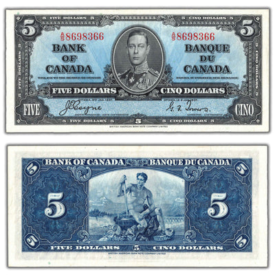 SOLD $5 1937 Bank of Canada Note Coyne-Towers A/S Prefix BC-23c - EF/AU