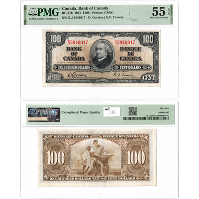 SOLD $100 1937 Bank of Canada Note Gordon-Towers B/J Prefix BC-27b - PMG AU-55 EPQ