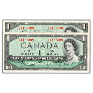 SOLD $1 1954 Bank of Canada Notes U/O Prefix BC-37b - 2 Consecutive - AU/UNC