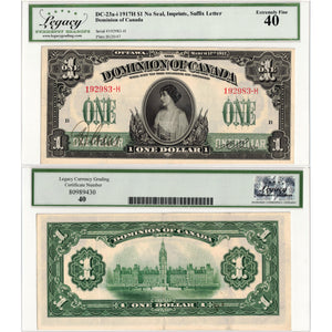 SOLD $1 1917 Dominion of Canada Note Boville No Seal Series H DC-23a-i - Legacy EF-40