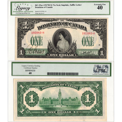 SOLD $1 1917 Dominion of Canada Note Boville No Seal Series H DC-23a-i - Legacy EF-40