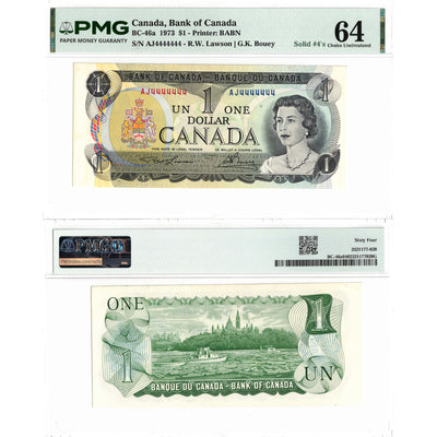 $1 1973 Bank of Canada Note AJ Prefix Solid Serial 4444444 BC-46a - PMG Ch UNC-64