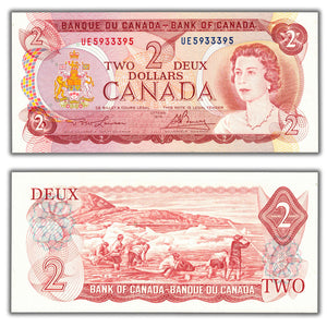 SOLD $2 1974 Bank of Canada Note UE Prefix BC-47a - 3 Digit Radar - Ch UNC
