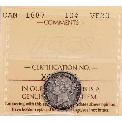 Canada 1887 10 Cents Dime Silver Coin - ICCS VF-20
