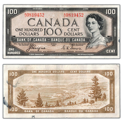 $100 1954 Bank of Canada Note Devil Face Coyne-Towers BC-35a - VF (ink)