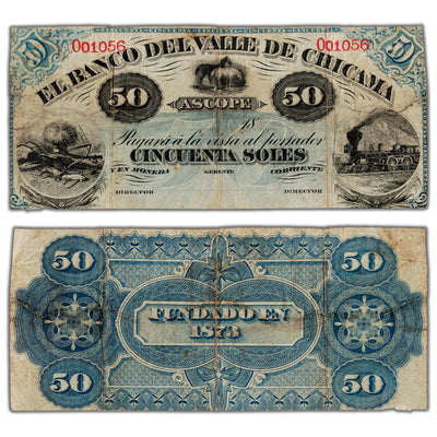 SOLD Peru El Banco Del Valle De Chicama 1870's 50 Soles Remainder Note P #S425r - Trimmed/Major Repair