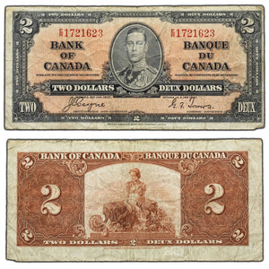 SOLD $2 1937 Bank of Canada Note Coyne-Towers E/R Prefix BC-22c - VG/F