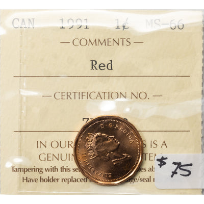 Canada 1991 1 Small Cent Coin - ICCS MS-66 Red