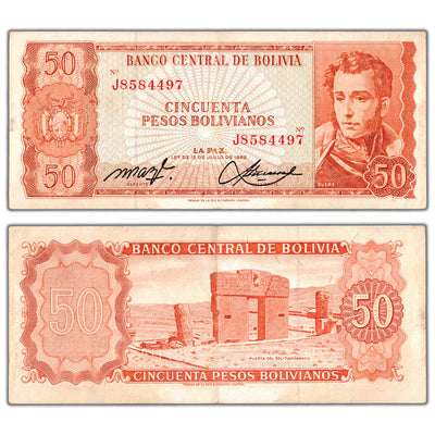 SOLD Bolivia 1962 50 Pesos Bolivianos Note P #156a - Circulated