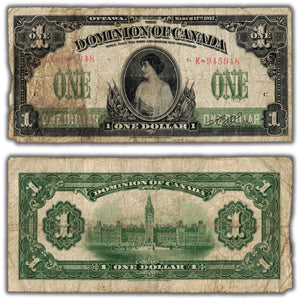 SOLD $1 1917 Dominion of Canada Note No Seal Series K DC-23a-ii - Missing Small Corner