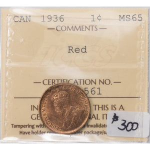 SOLD Canada 1936 1 Small Cent Coin - ICCS MS-65 Red