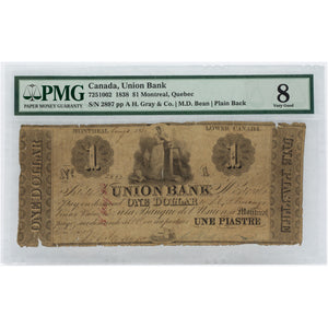 SOLD $1 1838 Union Bank Montreal Canada Chartered Note #725-10-02 - PMG VG-8