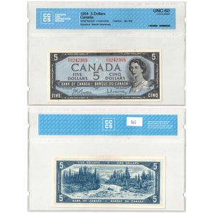 SOLD $5 1954 Bank of Canada Note Beattie-Rasminsky I/X Prefix BC-39b - CCCS UNC-60