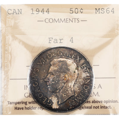 SOLD Canada 1944 Far 4 50 Cents Half Dollar Silver Coin - ICCS MS-64