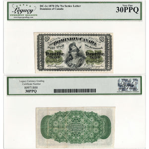 25 Cents 1870 Dominion of Canada Shinplaster Note DC-1c - Legacy VF-30 PPQ