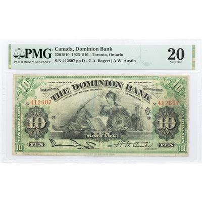 SOLD $10 1925 The Dominion Bank Canada Chartered Note #220-18-10 - PMG VF-20