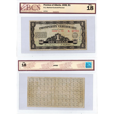 $1 1936 Province of Alberta Prosperity Certificate Note No Stamps A-1 - BCS F-18