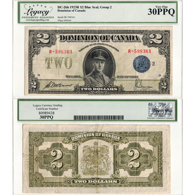 SOLD $2 1923 Dominion of Canada Note Blue Seal Series R DC-26h - Legacy VF-30 PPQ