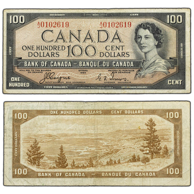 SOLD $100 1954 Bank of Canada Note Devil Face A/J Prefix BC-35a - Fine