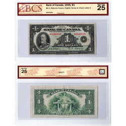 $1 1935 Bank of Canada Note English Text Letter 'A' BC-1 - BCS VF-25