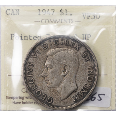 SOLD Canada 1947 Ptd 7 4xHP $1 Silver Dollar Coin - ICCS VF-30