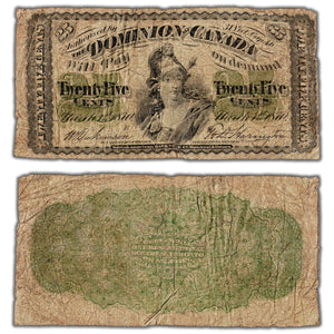25 Cents 1870 Dominion of Canada Shinplaster Note Letter 'B' DC-1b - VG (minor pinholes)