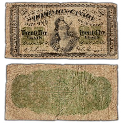 25 Cents 1870 Dominion of Canada Shinplaster Note Letter 'B' DC-1b - VG (minor pinholes)