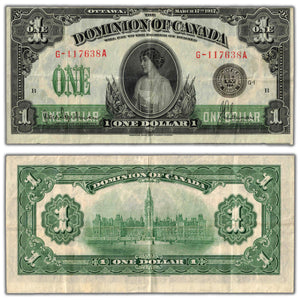 SOLD $1 1917 Dominion of Canada Note Series G Suffix A DC-23d - VF (Light Cutting Error)