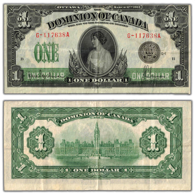 SOLD $1 1917 Dominion of Canada Note Series G Suffix A DC-23d - VF (Light Cutting Error)