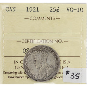 SOLD Canada 1921 25 Cents Quarter Silver Coin - ICCS VG-10