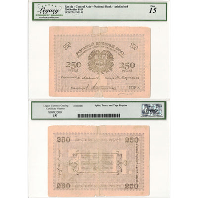 SOLD Russia Ashkhabad 1919 250 Rubles Note P #S1146 - Legacy F-15