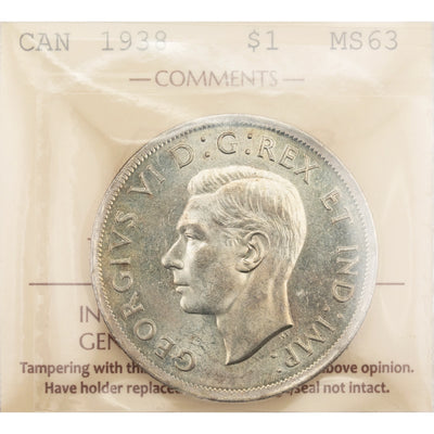 Canada 1938 $1 Silver Dollar Coin - ICCS MS-63