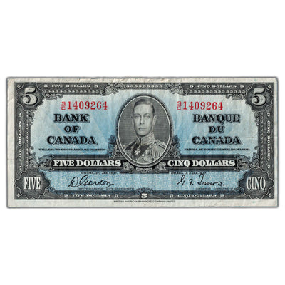 $5 1937 Bank of Canada Note Gordon-Towers S/C Prefix BC-23b - VF (tear)