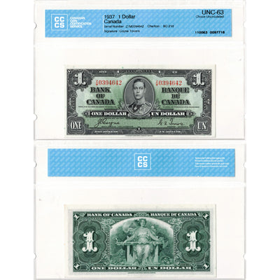 $1 1937 Bank of Canada Note Coyne-Towers Z/M Prefix BC-21d - CCCS UNC-63