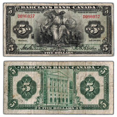 $5 1935 Barclays Bank Canada Chartered Note #30-12-02 - Minor Pencil