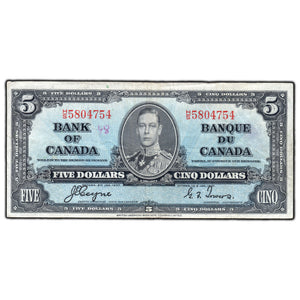 SOLD $5 1937 Bank of Canada Note Coyne-Towers H/S Prefix BC-23c - Writing